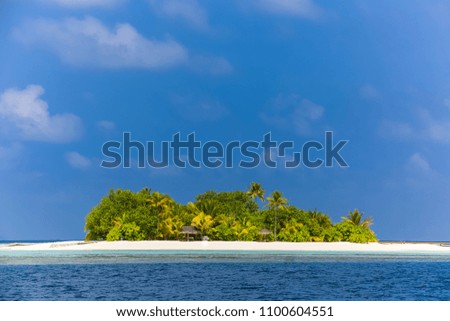 Tropical island. White sand beach and palm tree and blue sky. Castaway and gateway background concept. Beautiful exotic tropical island banner