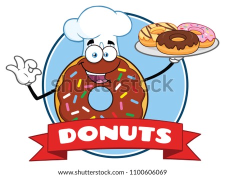Chocolate Chef Donut Cartoon Mascot Character With Sprinkles Circle Label Design. Vector Illustration Isolated On White Background With Text