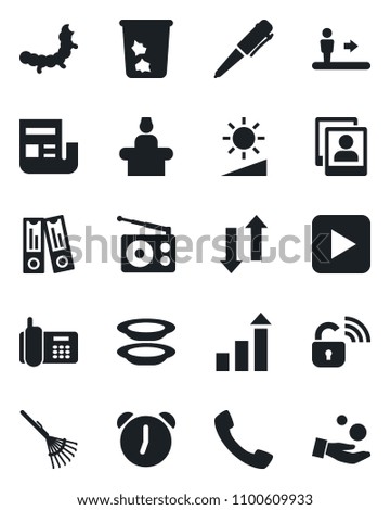 Set of vector isolated black icon - escalator vector, trash bin, reception, growth statistic, office binder, pen, rake, caterpillar, phone, radio, play button, call, alarm, data exchange, brightness