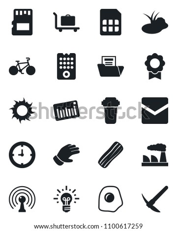 Set of vector isolated black icon - baggage trolley vector, factory, glove, sun, pond, bike, clock, barcode, antenna, mail, sd, sim, sertificate, document folder, bacon, omelette, remote control