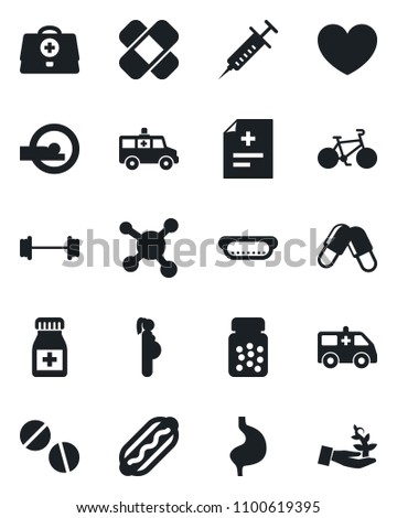 Set of vector isolated black icon - heart vector, doctor case, diagnosis, syringe, pills, bottle, patch, tomography, ambulance car, barbell, bike, stomach, pregnancy, molecule, hot dog, palm sproute