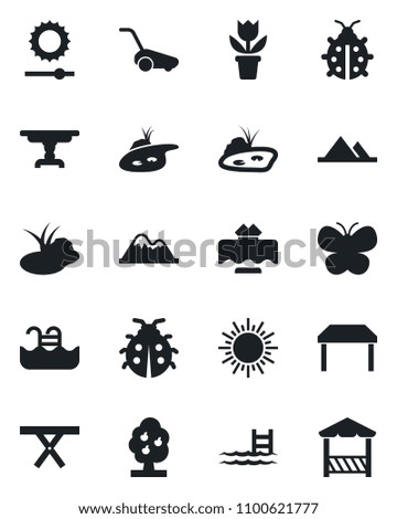 Set of vector isolated black icon - sun vector, flower in pot, lawn mower, butterfly, lady bug, pond, picnic table, brightness, pool, fruit tree, mountains, restaurant, alcove