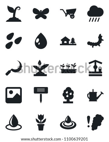 Set of vector isolated black icon - flower in pot vector, watering can, wheelbarrow, sproute, butterfly, seedling, water drop, rain, well, sickle, plant label, seeds, caterpillar, gallery, fruit
