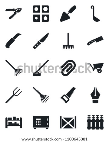 Set of vector isolated black icon - safe vector, trowel, farm fork, rake, wheelbarrow, pruner, saw, hoe, garden knife, container, rack, application, paper clip, ink pen, ladle, radiator
