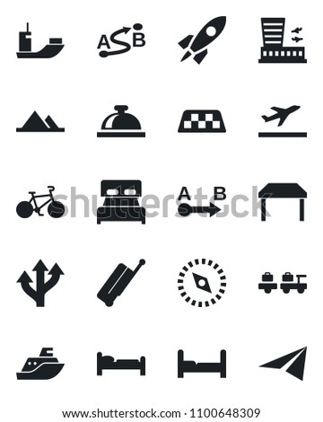Set of vector isolated black icon - taxi vector, suitcase, departure, reception bell, bed, baggage larry, airport building, bike, route, sea shipping, compass, mountains, bedroom, table, rocket