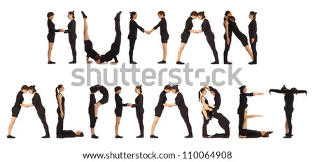 Black dressed people forming HUMAN ALPHABET word over white
