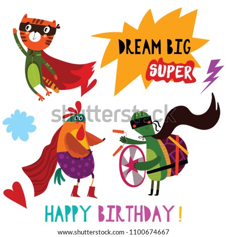 Birthday card with cartoon superhero animals-Cat,Chicken,Turtle. Hand drawn graphic for poster, card, label, baby wear, nursery.
