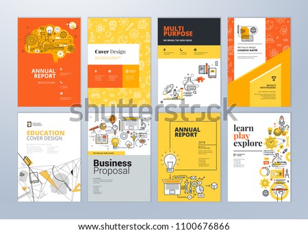 Brochure cover design and flyer layout templates set for education, school, online learning. Vector illustrations for marketing material, ads and magazine, annual report cover, business presentation. Royalty-Free Stock Photo #1100676866