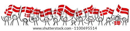 Cheering crowd of happy stick figures with Danish national flags, smiling Denmark supporters, sports fans isolated on white background Royalty-Free Stock Photo #1100695514