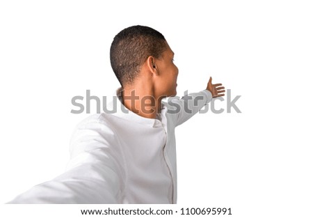 Young african american man  taking a selfie with the mobile presenting and inviting to come with hand on isolated white background