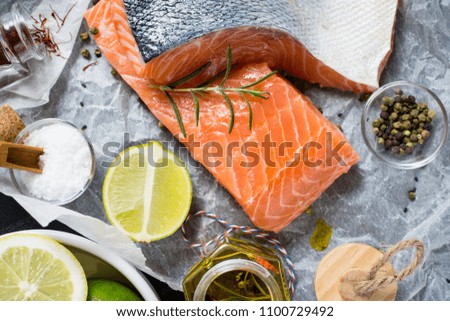 Salmon Fillet with Lime and Aromatic Herbs and Spices on White Paper