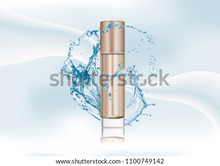 Vector illustration, empty transparent package for cosmetic products with bronze gold lid, tube for lotion, tonic, cream. Realistic mockup of glass container. Abstract stylish gradient background.