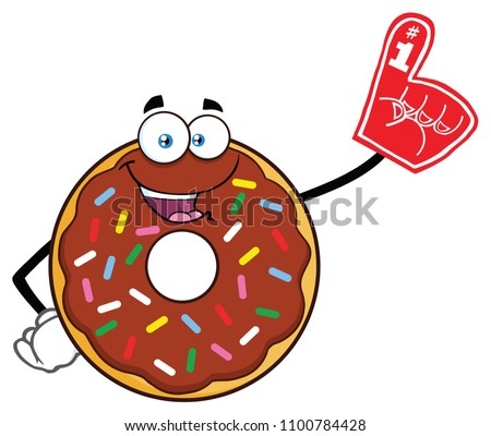 Chocolate Donut Cartoon Mascot Character With Sprinkles Wearing A Foam Finger. Raster Illustration Isolated On White Background