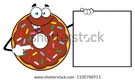 Chocolate Donut Cartoon Mascot Character With Sprinkles Showing A Banner. Raster Illustration Isolated On White Background
