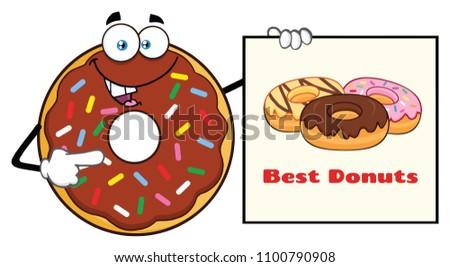Chocolate Donut Cartoon Mascot Character With Sprinkles Showing A Banner. Raster Illustration Isolated On White Background With Text