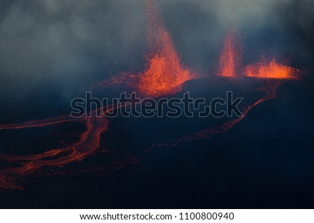 The Piton de la Fournaise volcano during an eruption in Reunion Island
