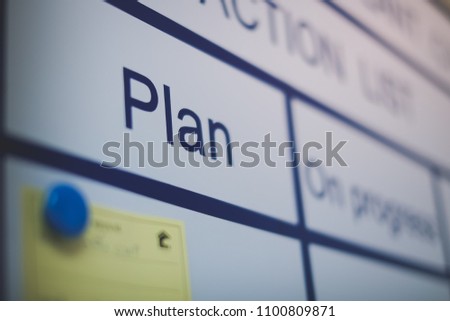 a blur image of a visual board in the meeting room focusing at the project plan section on a business operation section chart
