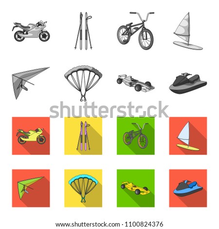 Hang glider, parachute, racing car, water scooter.Extreme sport set collection icons in monochrome,flat style vector symbol stock illustration web.