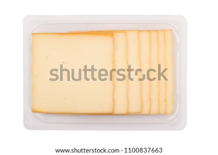 top view closeup of square cheese smoked slices in packaging isolated on white background Royalty-Free Stock Photo #1100837663