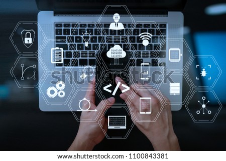 Coding software developer work with augmented reality dashboard computer icons of scrum agile development and code fork and versioning with responsive cybersecurity.Businessman working mobile phone.