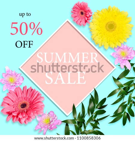 Summer sale background - floral design of banner, discount voucher, invitation, flyer or poster with pink and yellow gerberas, chrysanthemums and green leaves around a diamond-shaped white frame