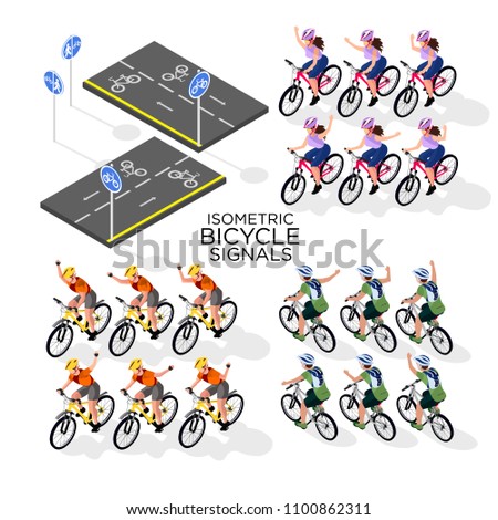 set for cycling. Hand signals for cyclists, road signs for cyclists. isometric 3d