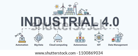 Industry 4.0 banner, productions icon set: smart industrial revolution, automation, robot assistants, iot, cloud and bigdata. Royalty-Free Stock Photo #1100869034