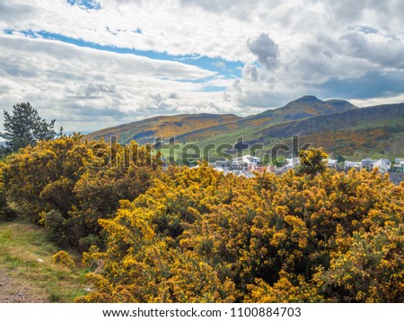 Beautiful view of Arthur's Seat in Edinburgh, Scotland, UK from Calton Hill on a bright sunny day.