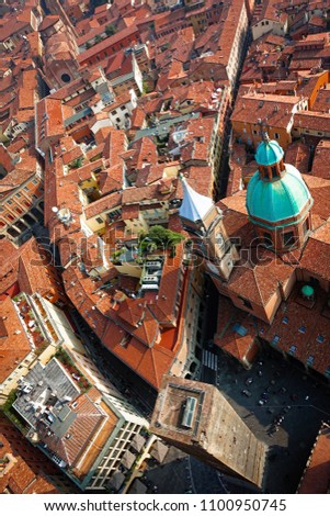 Bologna seen from above. Picture taken from Garisenda tower looking down on Asinelli and Chiesa dei Santi Bartolomeo e Gaetano.