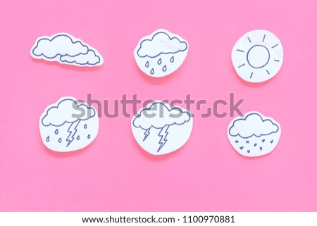 Modern weather icons set on pink background top view