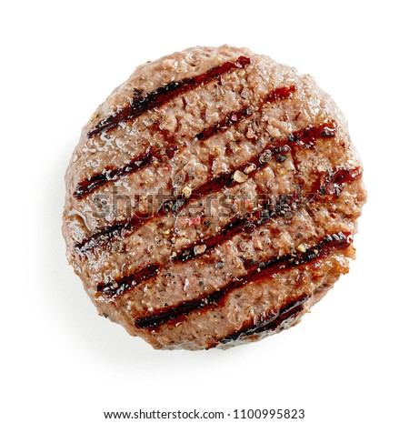 freshly grilled burger meat isolated on white background, top view Royalty-Free Stock Photo #1100995823