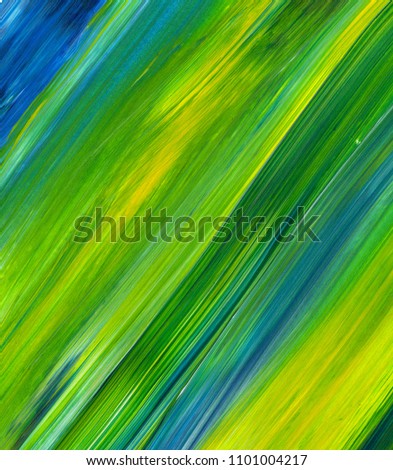 Abstract acrylic painting for use as background, texture, design element. Modern art in Mixed colours of green, blue, yellow.