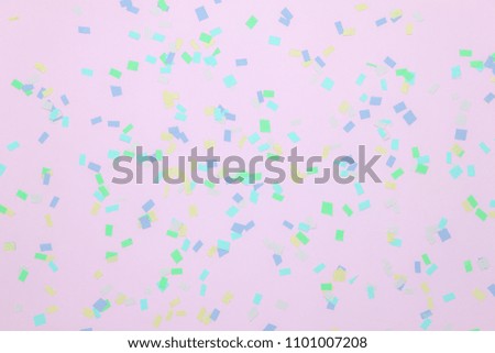 Table top view abstract colorful confetti party or birthday background concept.Flat lay objects pink paper with pastel tone creative design.free space for design text and contents.