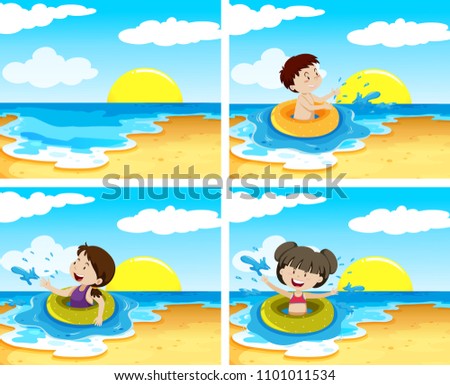 A Set of Children in Swimming Ring illustration