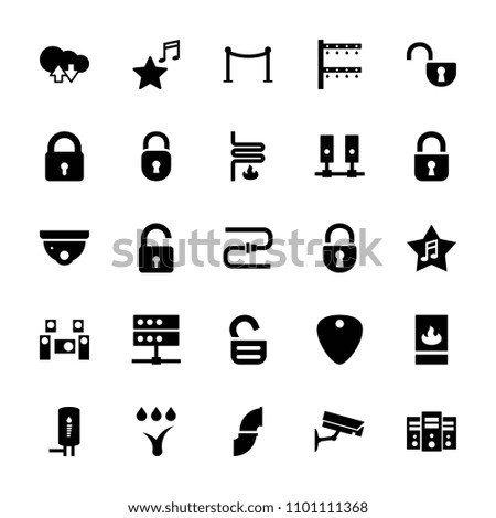 System icon. collection of 25 system filled icons such as lock, opened lock, security camera, red carpet barrier, favorite music. editable system icons for web and mobile.