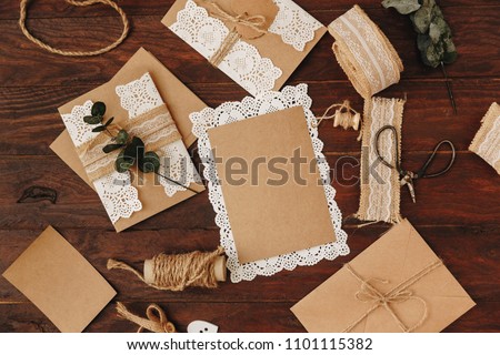 craft items and tools for handmade invitation cart. Diy concept, mock up greetings card 