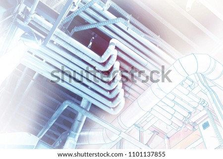 wireframe computer cad design concept image. industrial piping in the factory combined with drawing, smart plant solution idea
