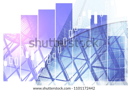 Modern forex chart on bright city texture. Investment, banking and trade concept. Double exposure 