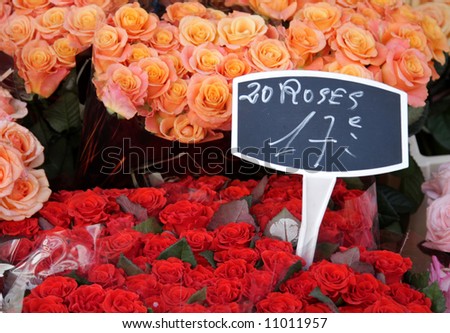 closeup picture of  flowers (roses)  in a shop in paris