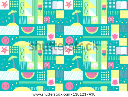 Summer seamless pattern with geometric and summer day elements clip art set on the background - ice cream, flip flops, palm tree, starfish, sea shell. Fabric print, card template. Vector illustration.