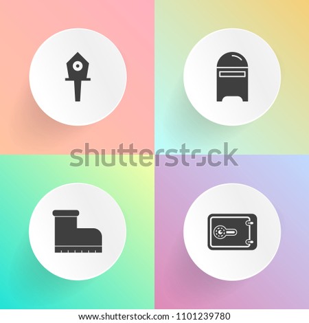 Modern, simple vector icon set on gradient backgrounds with safe, wear, post, style, bird, letter, fashion, business, spring, currency, home, box, email, garden, mail, house, bank, communication icons