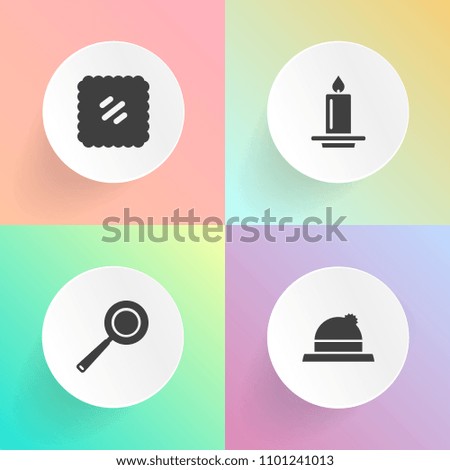 Modern, simple vector icon set on gradient backgrounds with postage, hat, decoration, iron, candle, pan, sport, textile, kitchen, skillet, object, postcard, old, flame, head, clothing, cook, cap icons