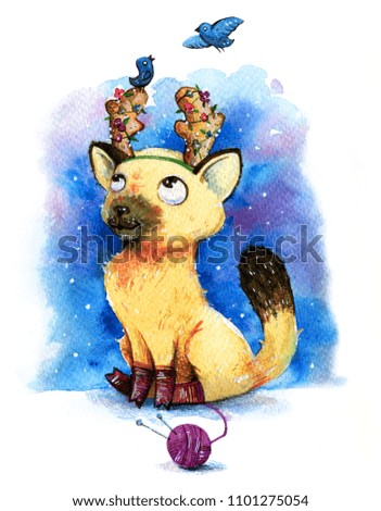 Hand drawn watercolor illustration of cartoon beige kitten in deer costume with birds on blue textured background. Mascot for children design and prints