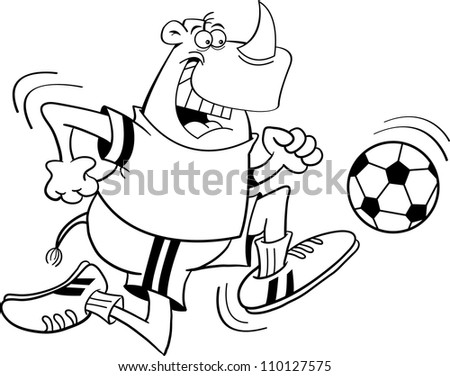 Black and white illustration of a Rhino playing soccer