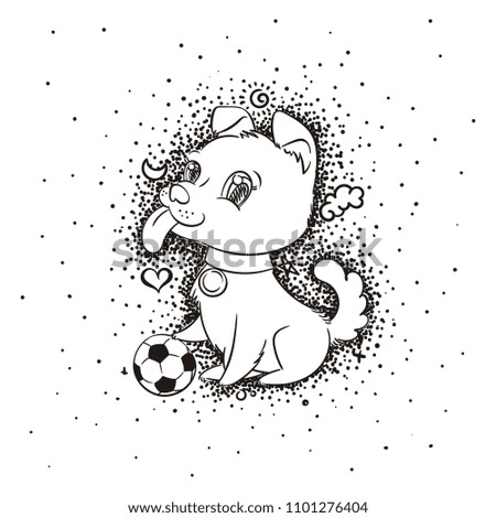 Vector illustration with cute puppy with a soccer ball, card or print concept, coloring page.