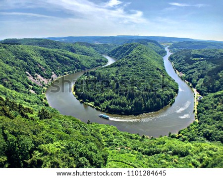 Unique landscape and landmark of the Saarland with a view to Saar river bend in Germany Royalty-Free Stock Photo #1101284645