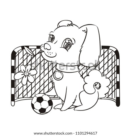 Vector illustration with cute puppy with a soccer ball, card or print concept, coloring page.