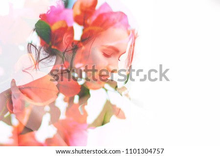 Double exposure portrait of young pretty woman combined with photograph of bright spring garden flowers and leaves. Conceptual image showing unity of human with nature, beauty of youth and femininity Royalty-Free Stock Photo #1101304757