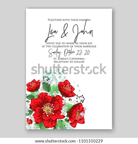 Floral wedding invitation vector template soft red poppy peony 