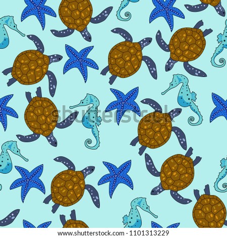 Vector drawn marine seamless pattern of turtle, sea horse, sea star, fish in sketch style on light blue background.